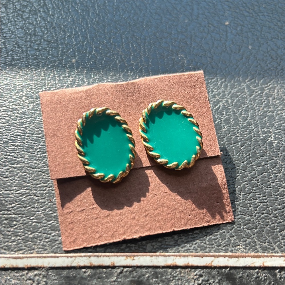 Gold and Teal Oval Earrings
